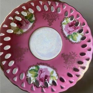 Vintage Lefton China PINK ROSE HAND PAINTED SAUCER Iridescent Pearl/Gold Edge